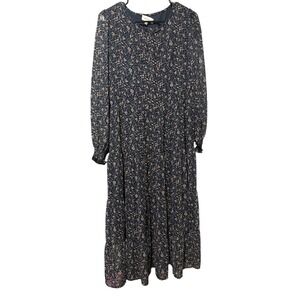 Bohme Navy Blue Floral Tiered Midi Dress Long Sleeve Smocked Cuffs Womens Size M